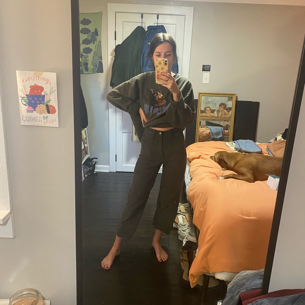 Hi Rise, wide leg  dark green Cords